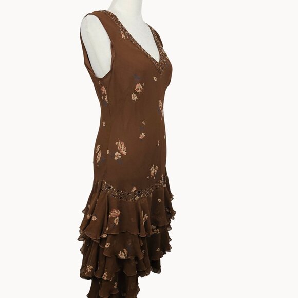 Fairy Cottage Core Dress Frilled Layer Midi Silk Brown Floral 12 Nicole Miller - Picture 2 of 16